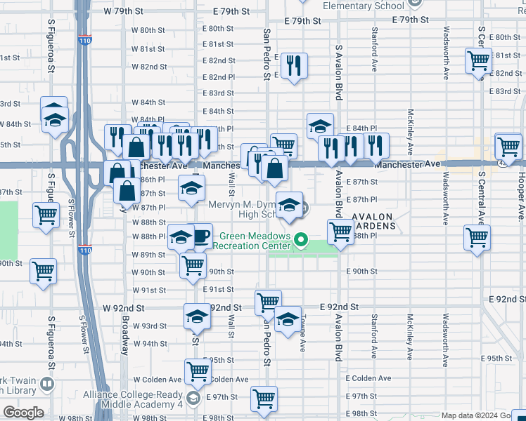 map of restaurants, bars, coffee shops, grocery stores, and more near 8755 San Pedro Street in Los Angeles
