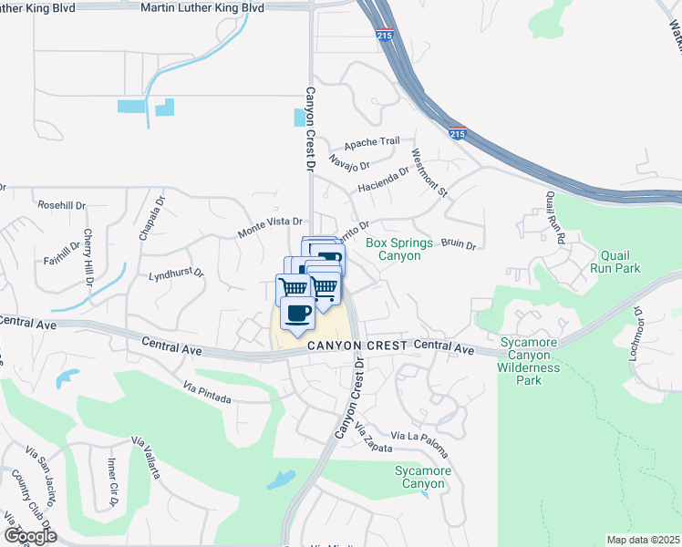 map of restaurants, bars, coffee shops, grocery stores, and more near 5200 Canyon Crest Drive in Riverside