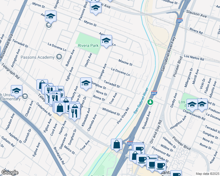 map of restaurants, bars, coffee shops, grocery stores, and more near 9753 Sunglow Street in Pico Rivera