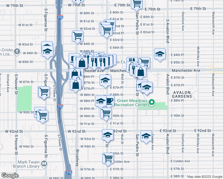 map of restaurants, bars, coffee shops, grocery stores, and more near 115 East 88th Street in Los Angeles