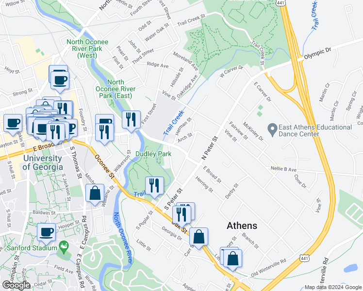 map of restaurants, bars, coffee shops, grocery stores, and more near 1273 East Broad Street in Athens