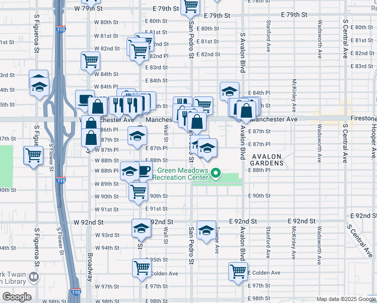 map of restaurants, bars, coffee shops, grocery stores, and more near 8755 San Pedro Street in Los Angeles