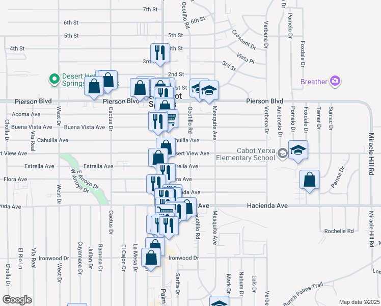 map of restaurants, bars, coffee shops, grocery stores, and more near 66631 Desert View Avenue in Desert Hot Springs