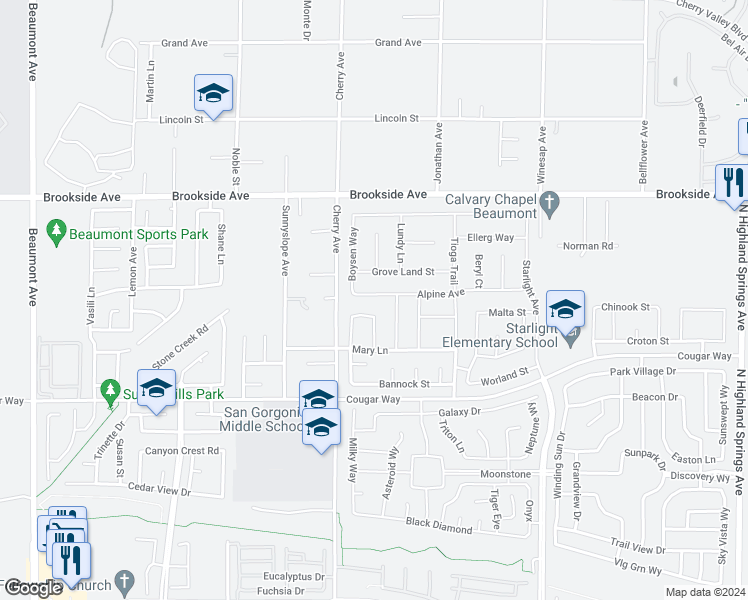 map of restaurants, bars, coffee shops, grocery stores, and more near 1337 Alpine Avenue in Beaumont