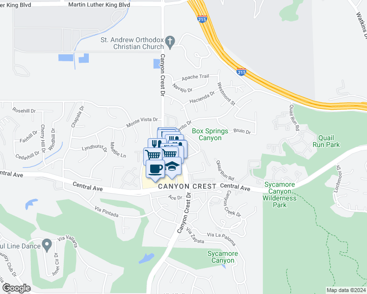 map of restaurants, bars, coffee shops, grocery stores, and more near 5208 Monte Vista Drive in Riverside