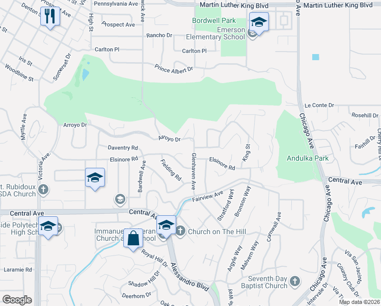 map of restaurants, bars, coffee shops, grocery stores, and more near 2099 Arroyo Drive in Riverside