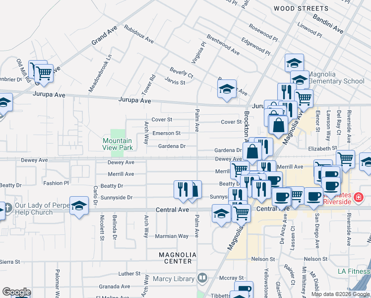 map of restaurants, bars, coffee shops, grocery stores, and more near 4528 Emerson Street in Riverside