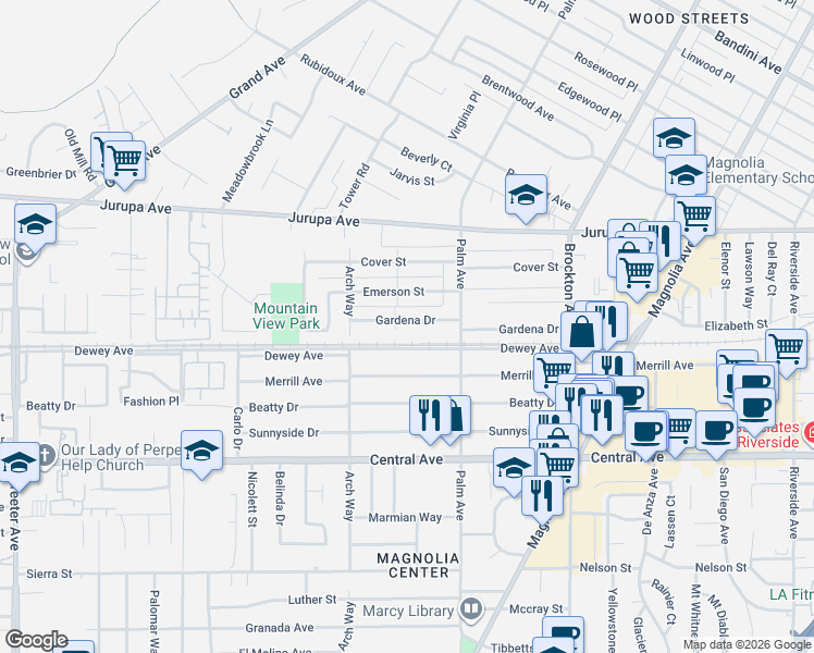 map of restaurants, bars, coffee shops, grocery stores, and more near 4620 Emerson Street in Riverside