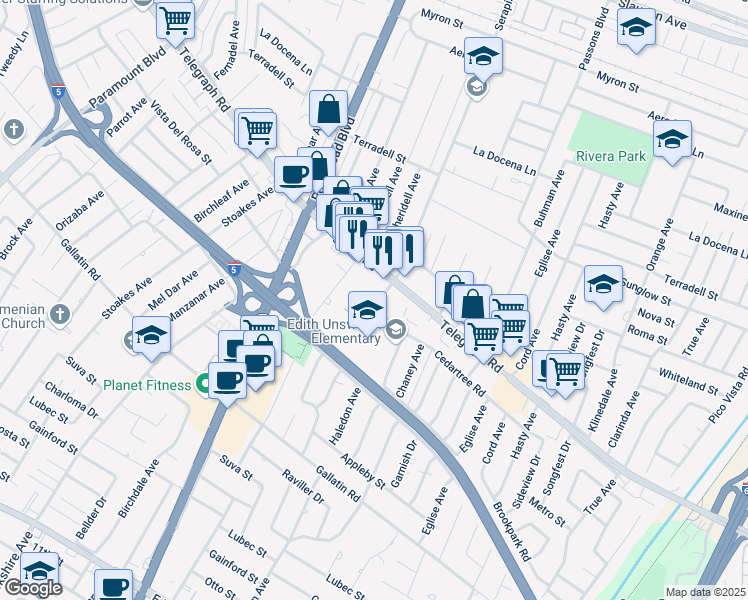 map of restaurants, bars, coffee shops, grocery stores, and more near 9180 Telegraph Road in Downey