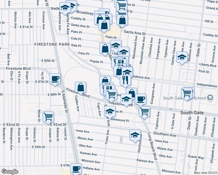 map of restaurants, bars, coffee shops, grocery stores, and more near 2739 Orchard Place in South Gate