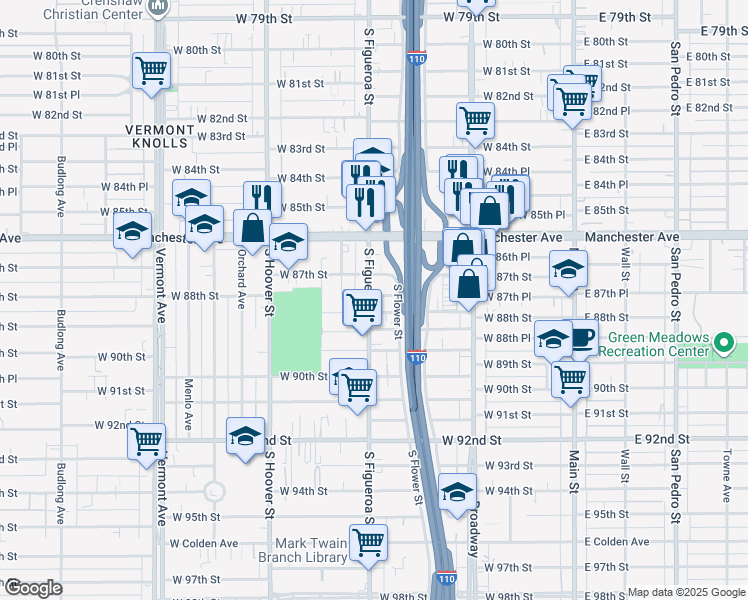 map of restaurants, bars, coffee shops, grocery stores, and more near 8704 South Figueroa Street in Los Angeles