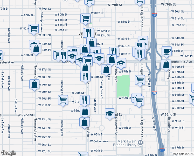 map of restaurants, bars, coffee shops, grocery stores, and more near 8710 Menlo Avenue in Los Angeles