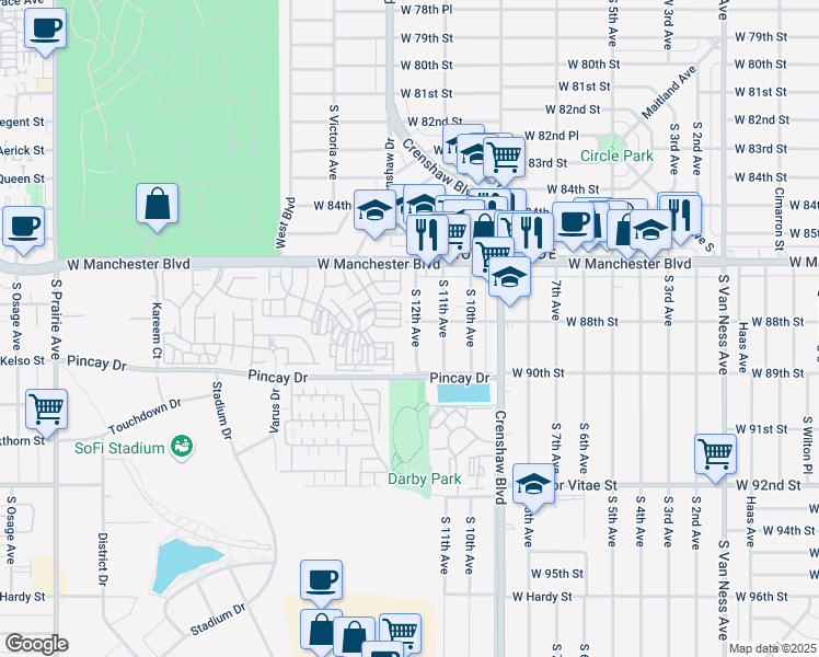 map of restaurants, bars, coffee shops, grocery stores, and more near 3500 West Manchester Boulevard in Inglewood