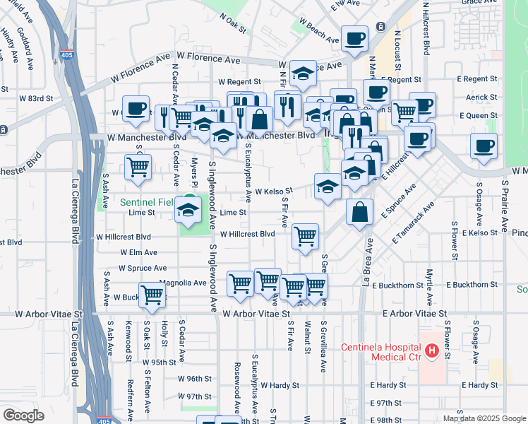map of restaurants, bars, coffee shops, grocery stores, and more near 236 West Kelso Street in Inglewood