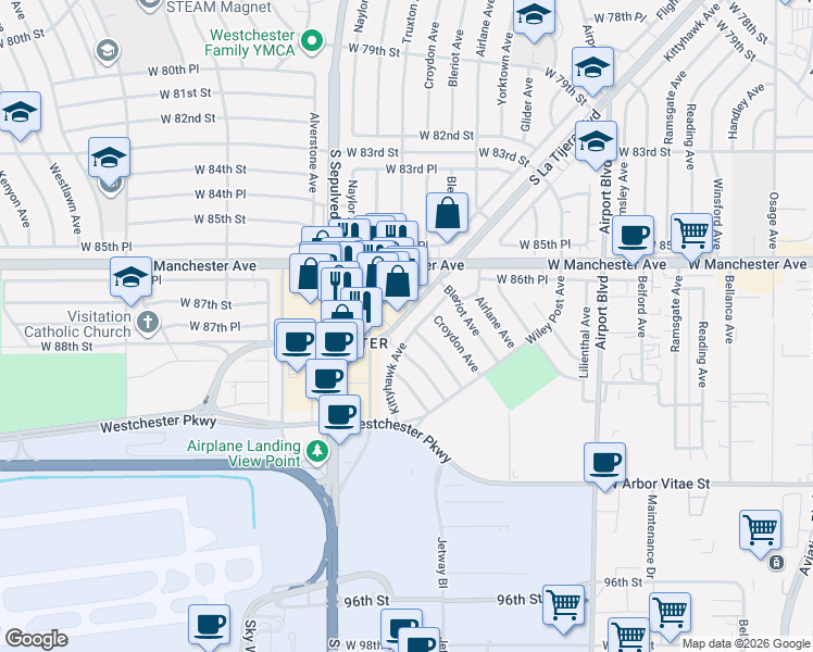 map of restaurants, bars, coffee shops, grocery stores, and more near 6200 West 87th Street in Los Angeles