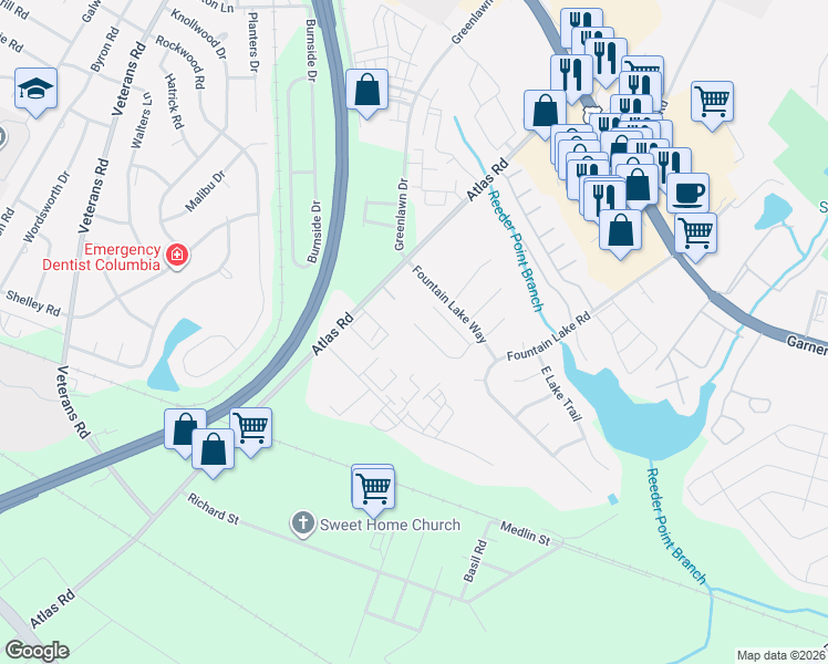 map of restaurants, bars, coffee shops, grocery stores, and more near 193 Springway Drive in Columbia
