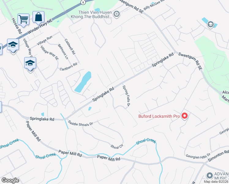 map of restaurants, bars, coffee shops, grocery stores, and more near 658 Springlake Road in Lawrenceville