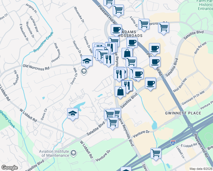 map of restaurants, bars, coffee shops, grocery stores, and more near 2236 Grovemont Drive in Duluth