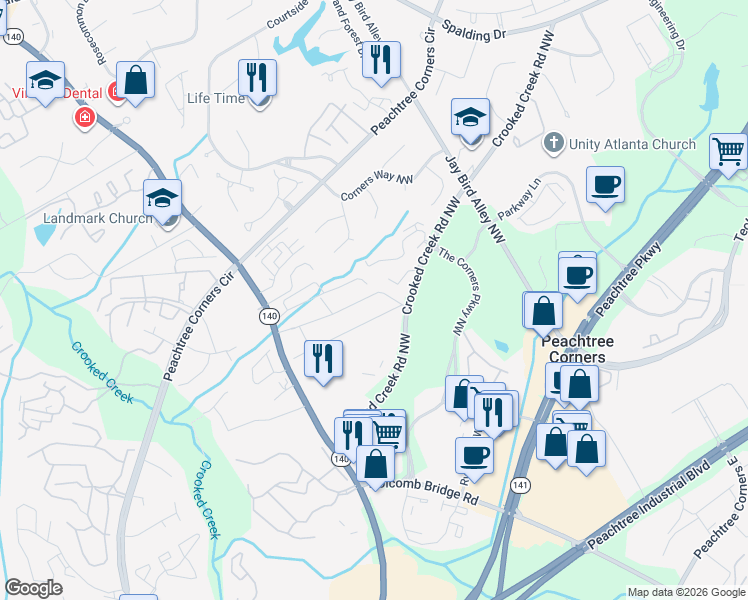 map of restaurants, bars, coffee shops, grocery stores, and more near 3580 Splinterwood Road in Norcross