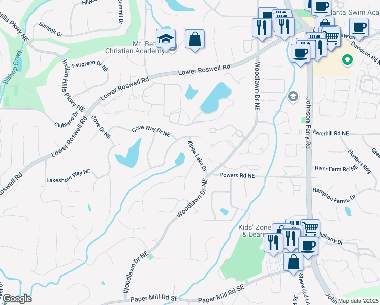 map of restaurants, bars, coffee shops, grocery stores, and more near 4531 Kings Lake Drive in Marietta