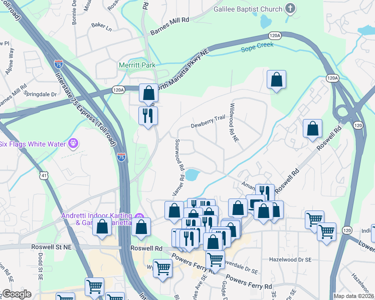 map of restaurants, bars, coffee shops, grocery stores, and more near 1384 Glencrest Drive in Marietta