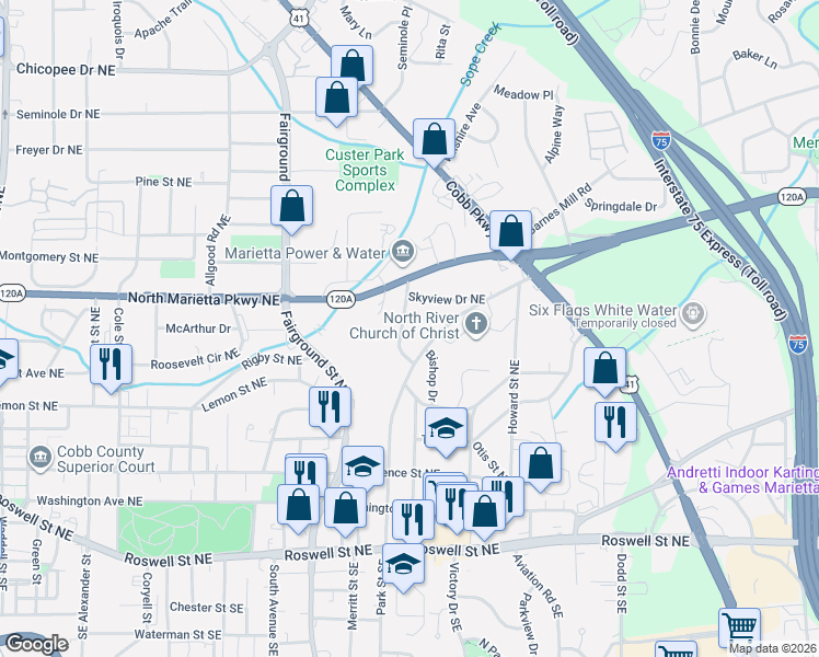 map of restaurants, bars, coffee shops, grocery stores, and more near 275 Amy Drive Northeast in Marietta