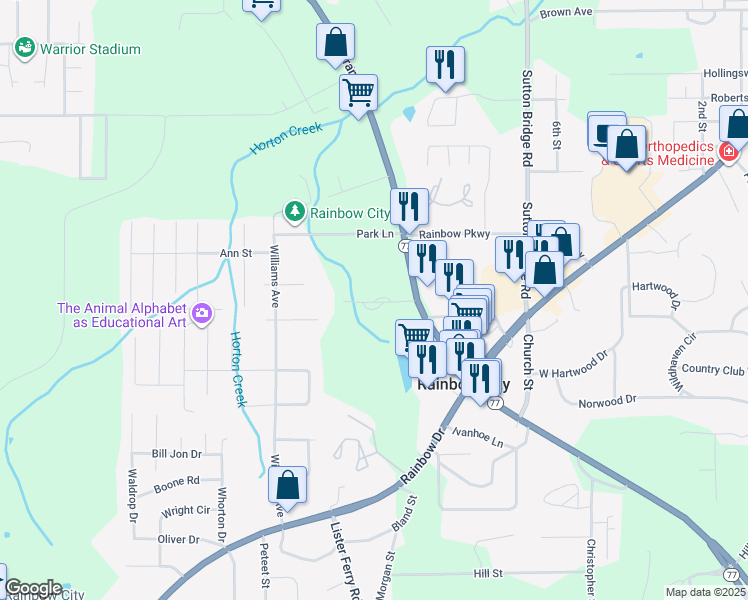 map of restaurants, bars, coffee shops, grocery stores, and more near 210 West Grand Avenue in Rainbow City