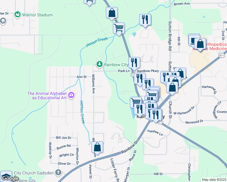 map of restaurants, bars, coffee shops, grocery stores, and more near 104 Nadine Place in Rainbow City