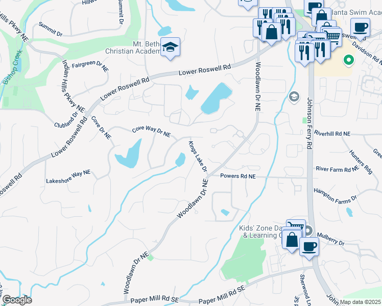 map of restaurants, bars, coffee shops, grocery stores, and more near 4531 Kings Lake Drive in Marietta