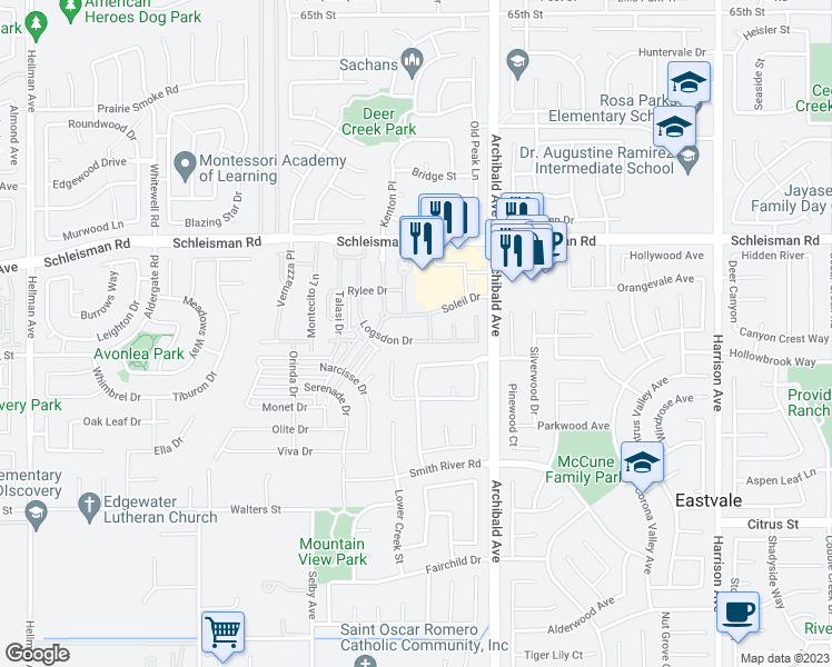 map of restaurants, bars, coffee shops, grocery stores, and more near 7232 Logsdon Drive in Corona