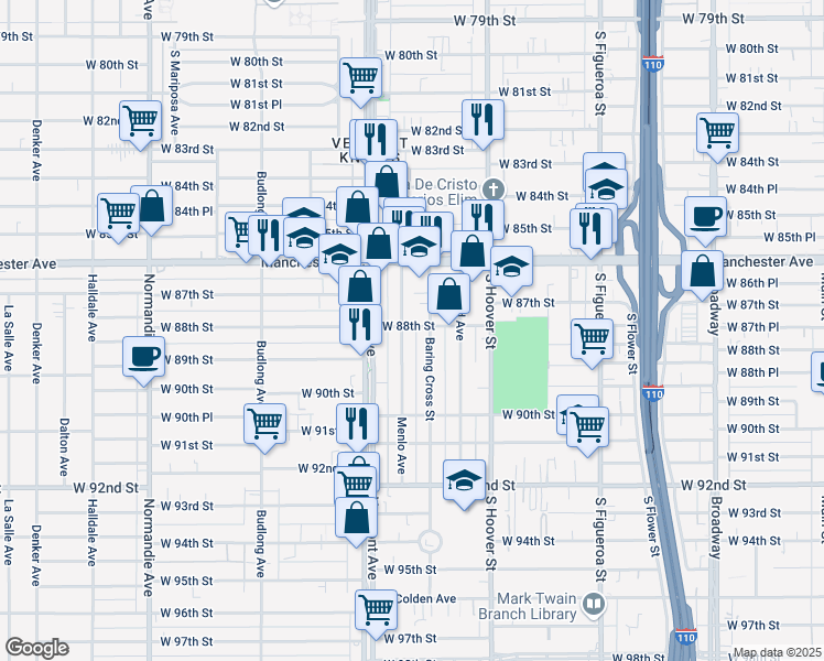 map of restaurants, bars, coffee shops, grocery stores, and more near 916 West 88th Street in Los Angeles
