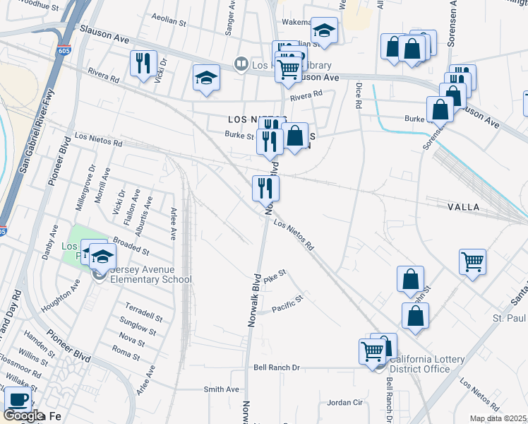 map of restaurants, bars, coffee shops, grocery stores, and more near 9135 Norwalk Boulevard in Santa Fe Springs