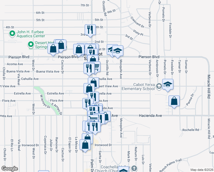 map of restaurants, bars, coffee shops, grocery stores, and more near Desert View Avenue & Ocotillo Road in Desert Hot Springs