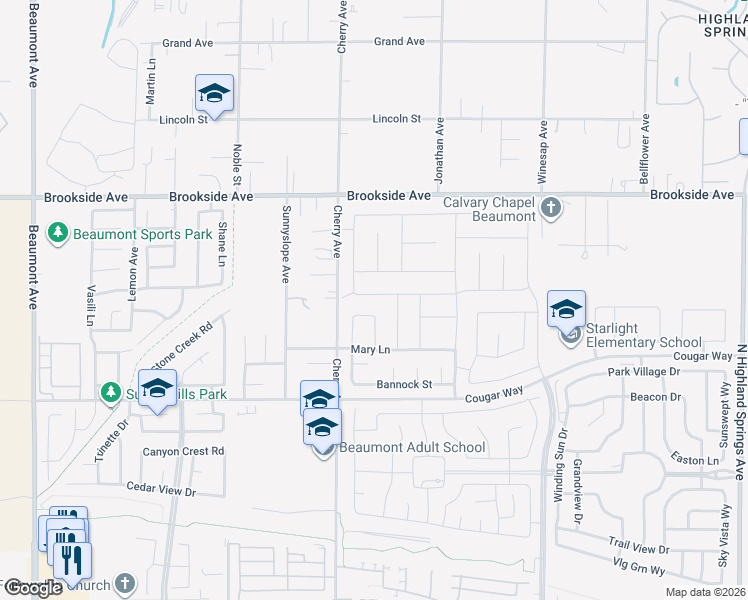 map of restaurants, bars, coffee shops, grocery stores, and more near 1337 Alpine Avenue in Beaumont