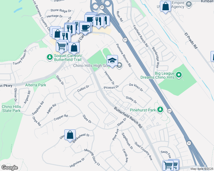 map of restaurants, bars, coffee shops, grocery stores, and more near 5267 Renoir Lane in Chino Hills