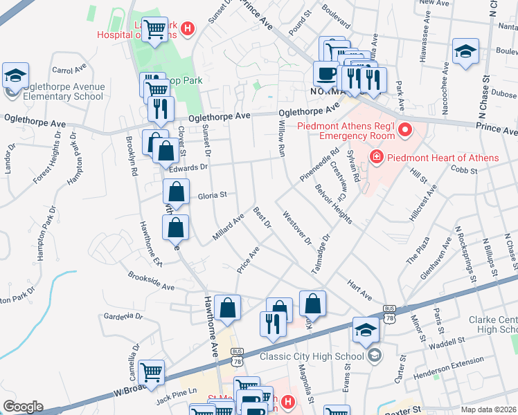 map of restaurants, bars, coffee shops, grocery stores, and more near 325 Best Drive in Athens