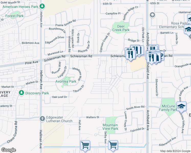 map of restaurants, bars, coffee shops, grocery stores, and more near 7130 Vernazza Place in Eastvale
