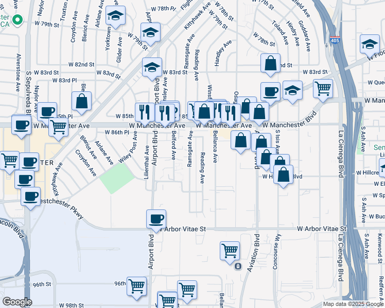 map of restaurants, bars, coffee shops, grocery stores, and more near 8715 Ramsgate Avenue in Los Angeles