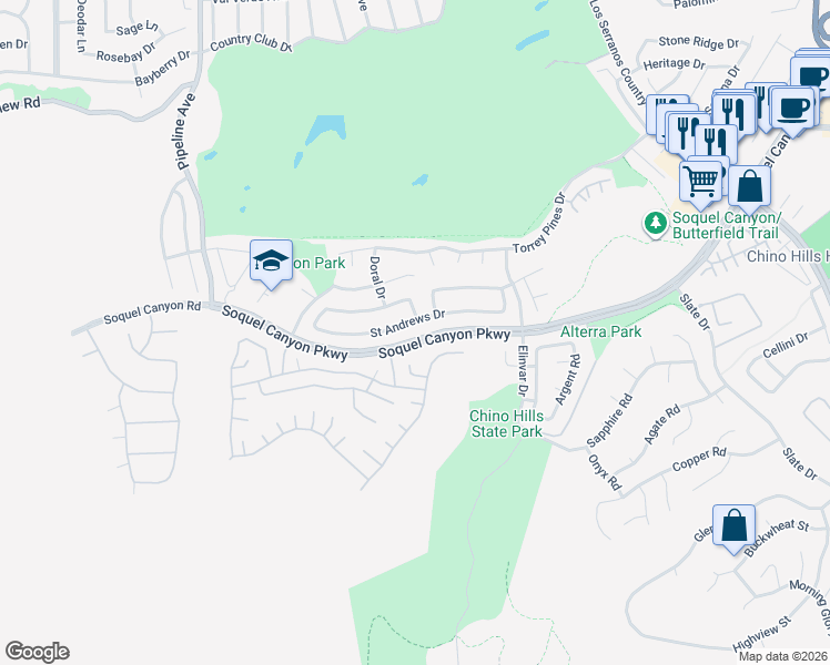 map of restaurants, bars, coffee shops, grocery stores, and more near 4413 Saint Andrews Drive in Chino Hills
