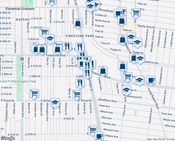 map of restaurants, bars, coffee shops, grocery stores, and more near 2286 Firestone Blvd in Los Angeles