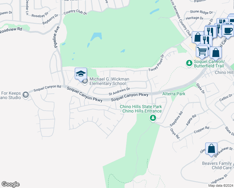 map of restaurants, bars, coffee shops, grocery stores, and more near 4443 Saint Andrews Drive in Chino Hills