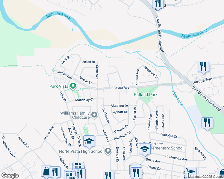 map of restaurants, bars, coffee shops, grocery stores, and more near 7046 Drysdale Street in Riverside