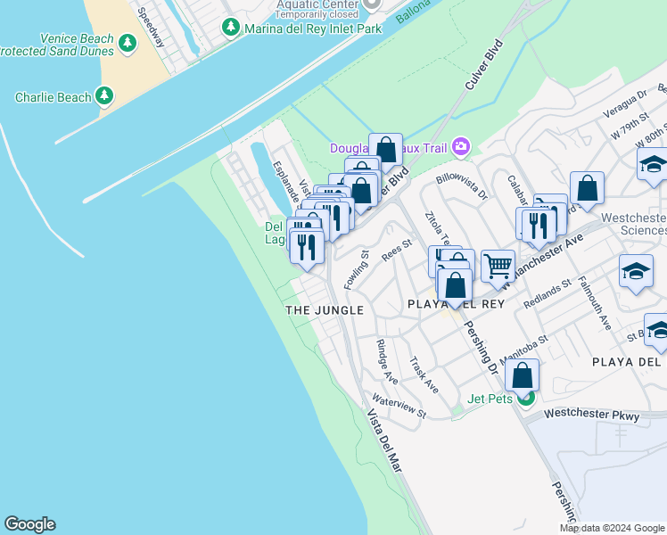 map of restaurants, bars, coffee shops, grocery stores, and more near 6916 Vista Del Mar in Los Angeles