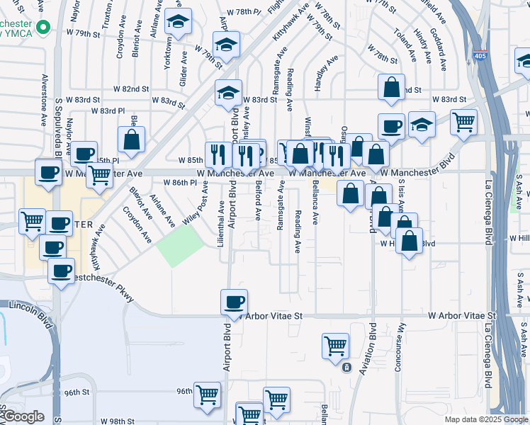 map of restaurants, bars, coffee shops, grocery stores, and more near 8715 Ramsgate Avenue in Los Angeles