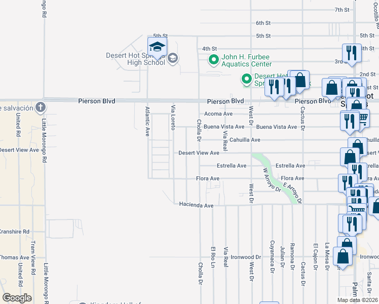 map of restaurants, bars, coffee shops, grocery stores, and more near 12576 Sylvanus Drive in Desert Hot Springs