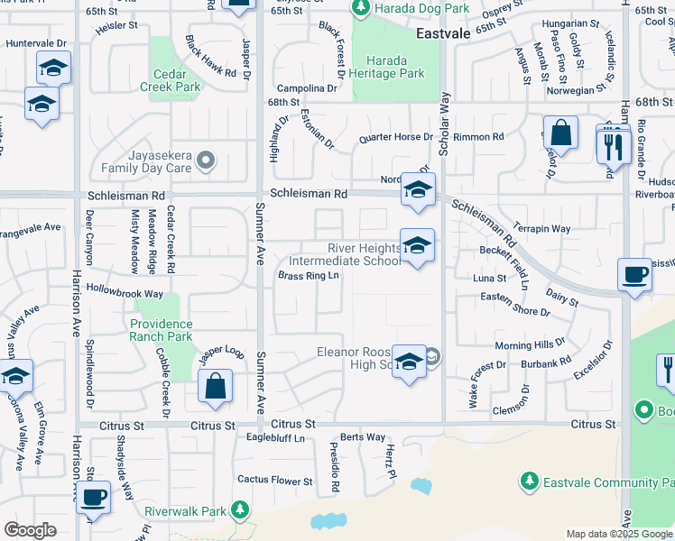 map of restaurants, bars, coffee shops, grocery stores, and more near 7167 Midnight Rose Circle in Corona