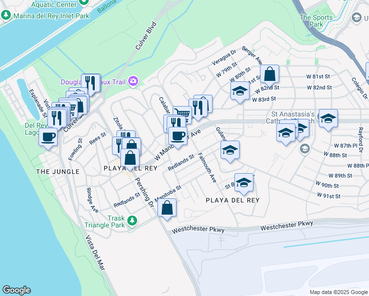 map of restaurants, bars, coffee shops, grocery stores, and more near 8111w West Manchester Avenue in Los Angeles