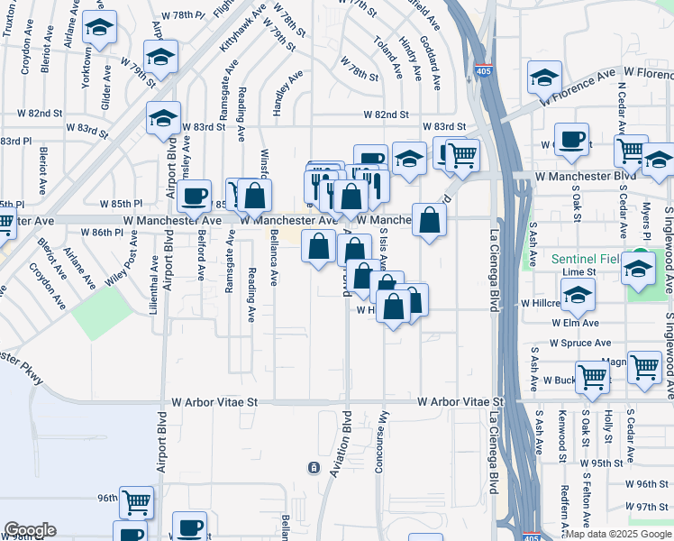 map of restaurants, bars, coffee shops, grocery stores, and more near 8651 Aviation Boulevard in Inglewood