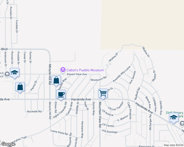 map of restaurants, bars, coffee shops, grocery stores, and more near 65850 Pierson Boulevard in Desert Hot Springs