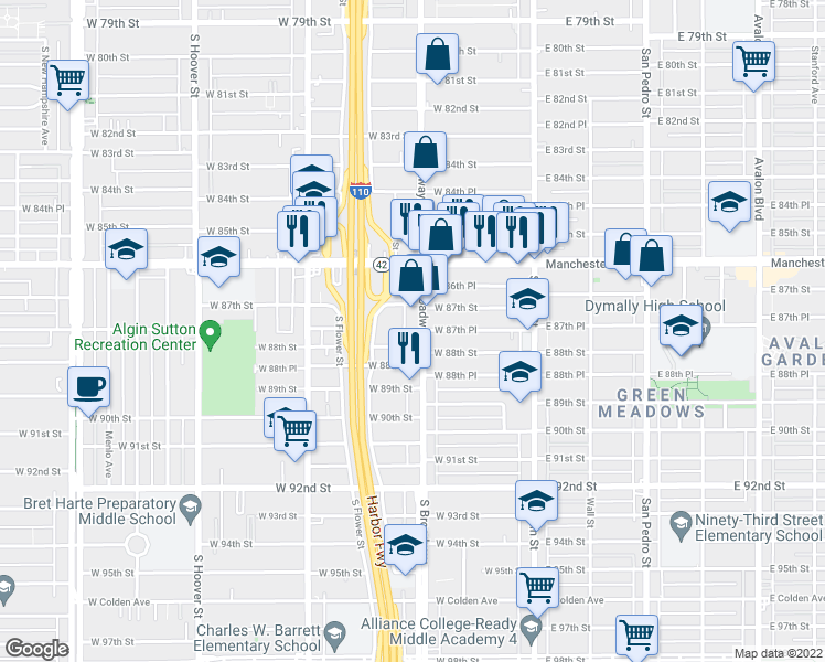 map of restaurants, bars, coffee shops, grocery stores, and more near 8727 South Broadway in Los Angeles